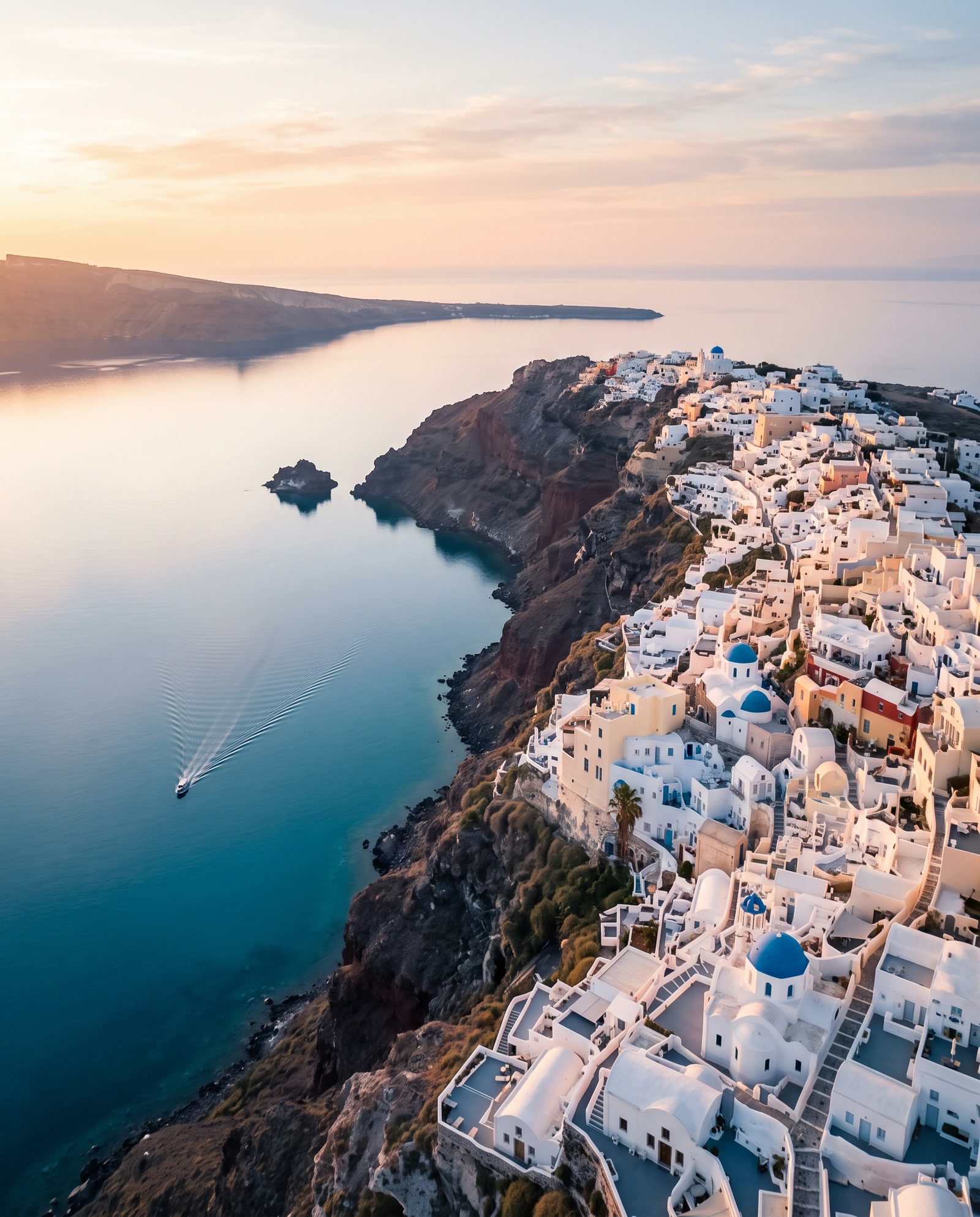 Whitewashed cliffside village above a calm caldera at first light, a small boat crossing the water below
