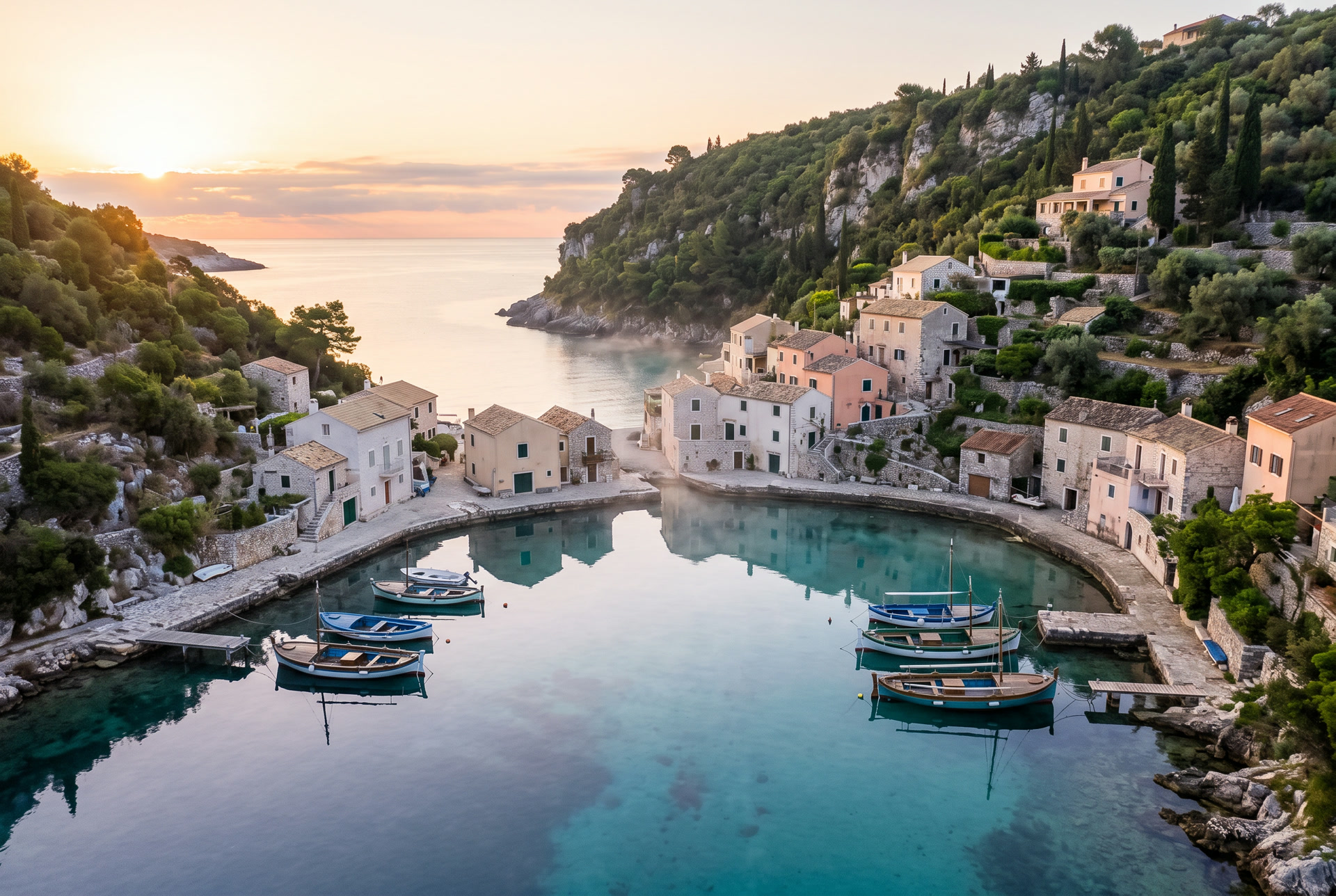 A quiet stone harbour with wooden boats on still turquoise water at sunrise