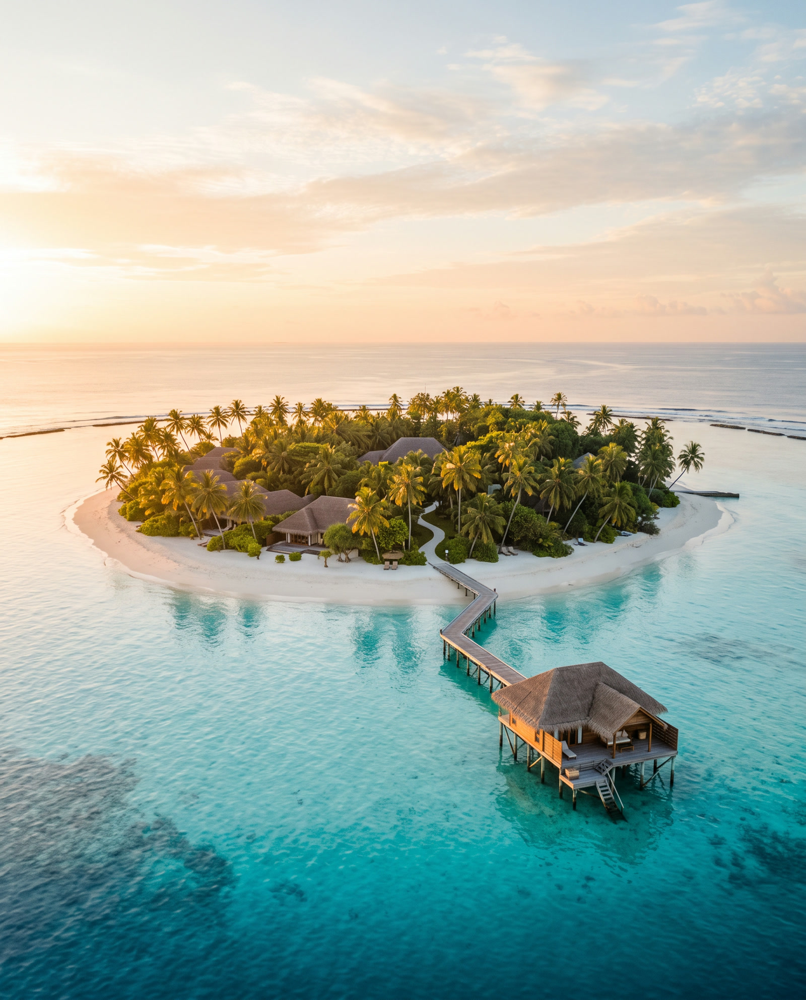 A small private island with palm-shaded villas and an overwater villa on a turquoise lagoon at sunrise