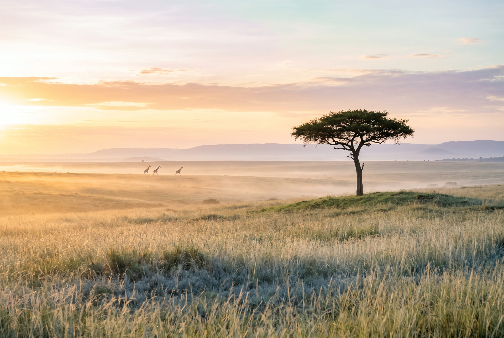 A lone acacia tree on the savanna in golden dawn mist, giraffes far in the distance